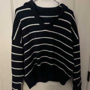 Striped V-Neck Sweater - Black and White